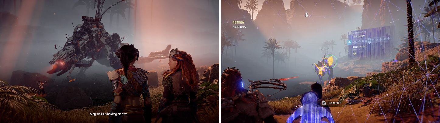 Redmaw may be menacing, but he’s a normal Thunderjaw (left). He only has one disc launcher when you fight it (right).