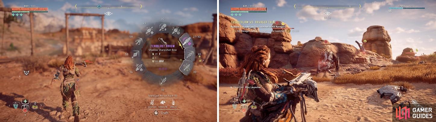 Tearblast Arrows are essential to complete the trials here in time (left). Go straight after the Ravagers once you get a disc launcher (right).