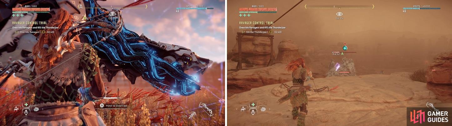 Quickly, but silently, override the two Ravagers (left). Freezing the Thunderjaw will make it go down quicker (right).