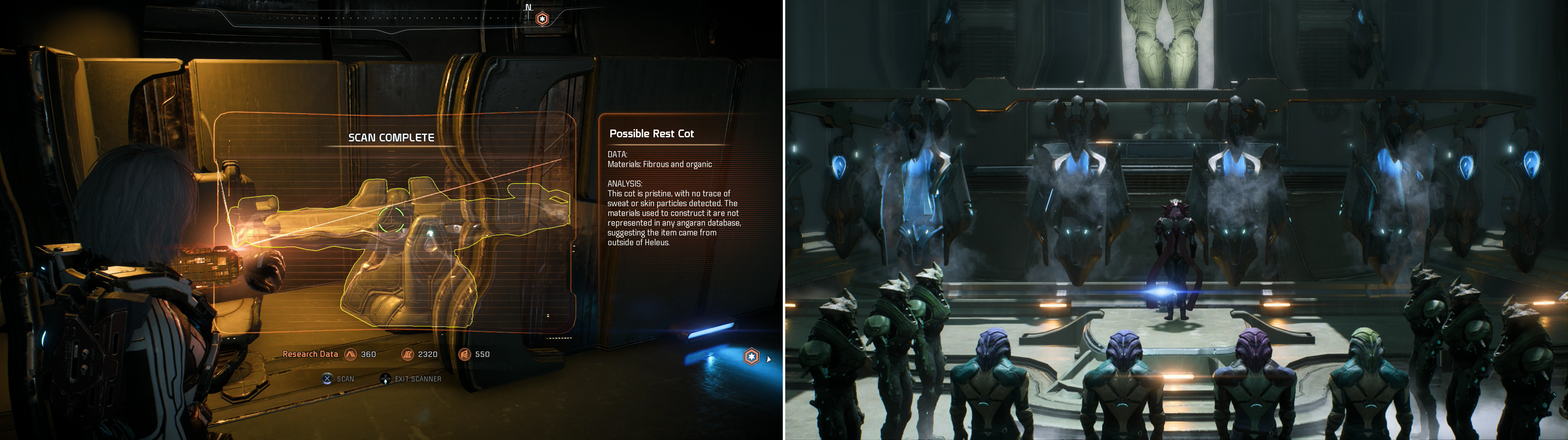 Keep your scanner handy throughout the Kett base, as there’s much to learn about these aggressive aliens, and many Research Data points to earn (left). Witness an odd interaction between what appears to be a Kett religious figure and some captive Angara (right), which foreshadows revelations to come.