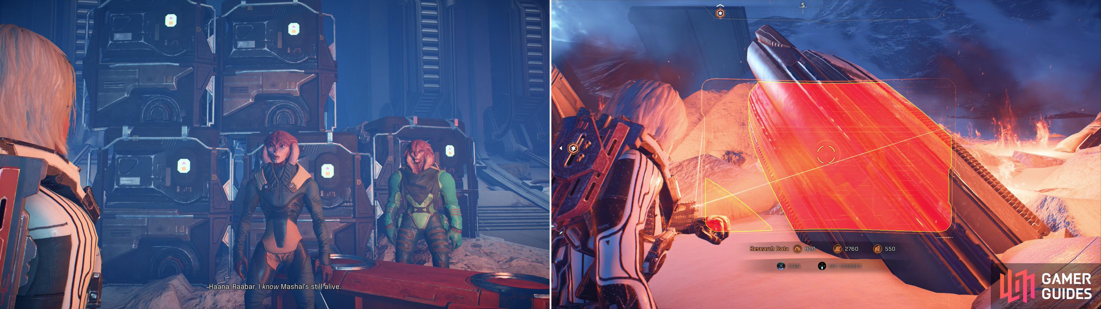 Talk to Haana at the Resistance Base to find out about her friend Mashal (left), then scan the ruins of the weapon’s depot she destroyed (right).