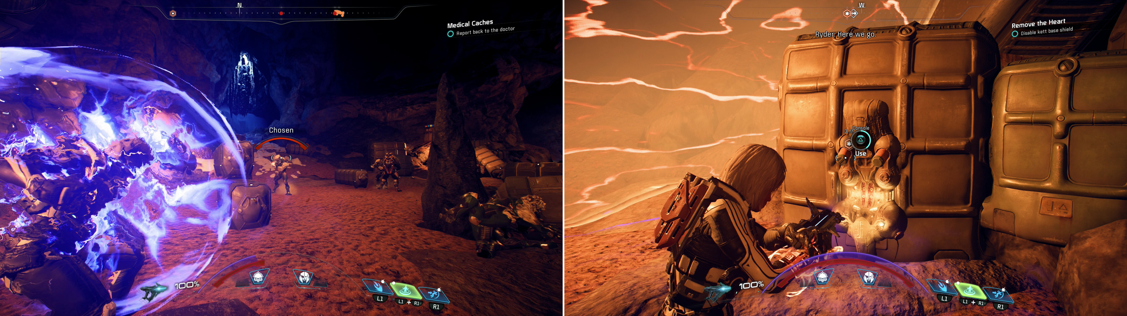 Fight through the caves near the Kett base (left) and disable the base’s shielding (right).