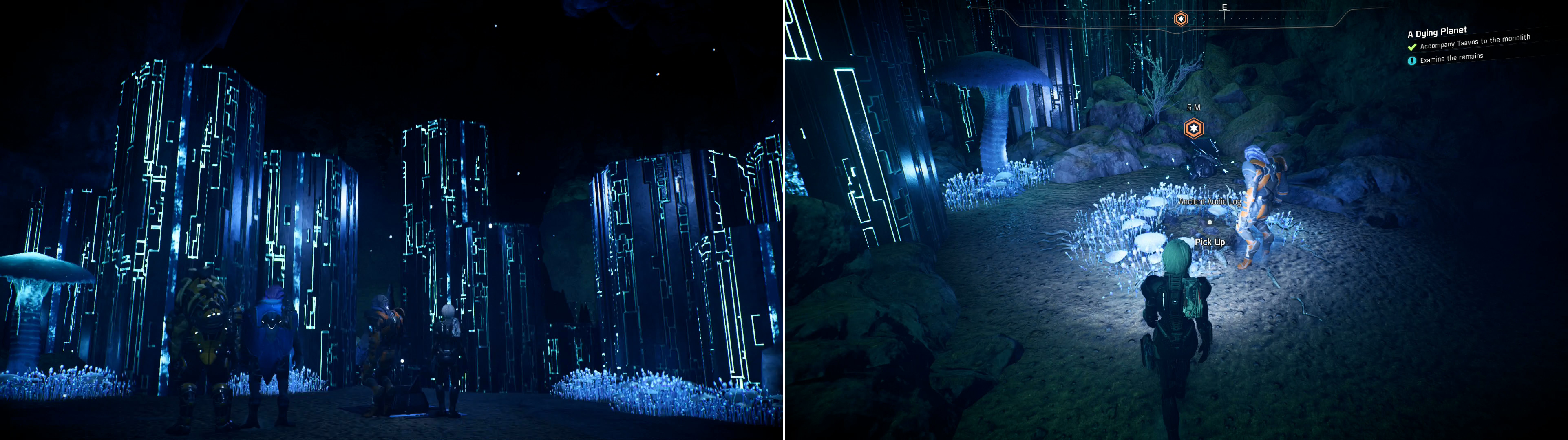 Taavos will use memories gained from the heirloom to open up a new passage (left). Lead him to Zorai’s remains, along the way activing the missing monolith (right).