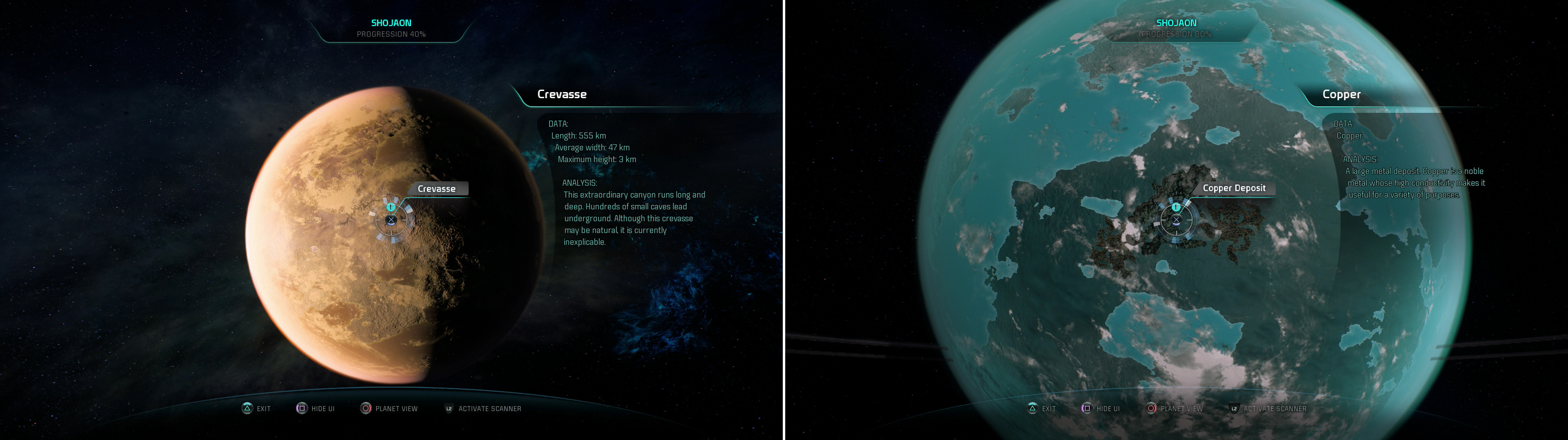 A Crevasse on Pas-24 will net your some XP when scanned (left), while Pas-48 will yield some copper (right).