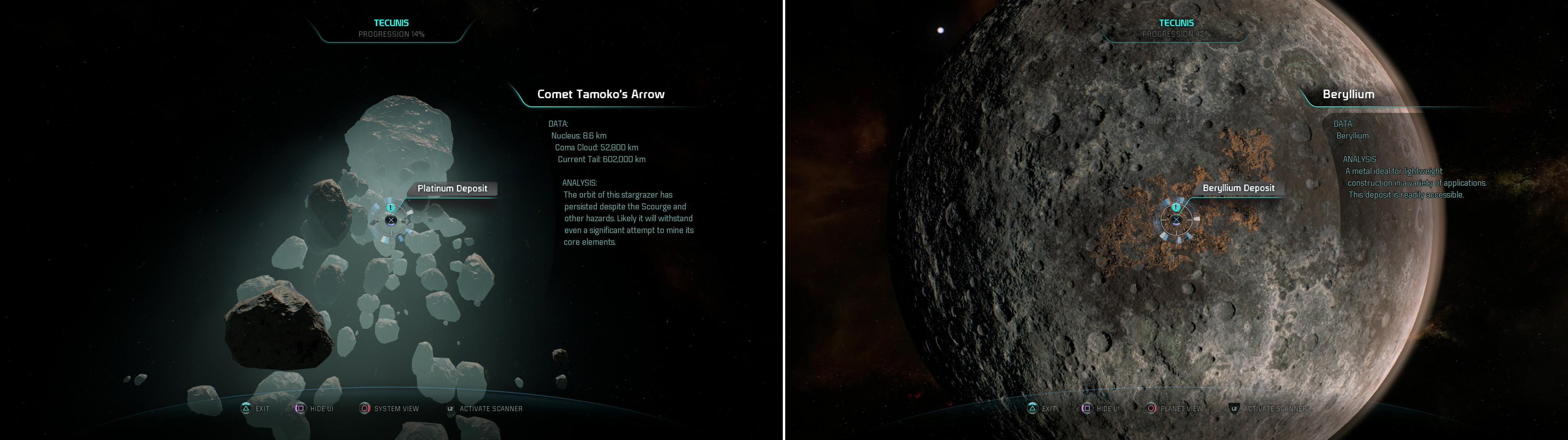 Comet Tamoko’s Arrow - like most named Heleus comets - will yield precious minerals (left), while the surface of Mosiiba has a more humble offering (right).