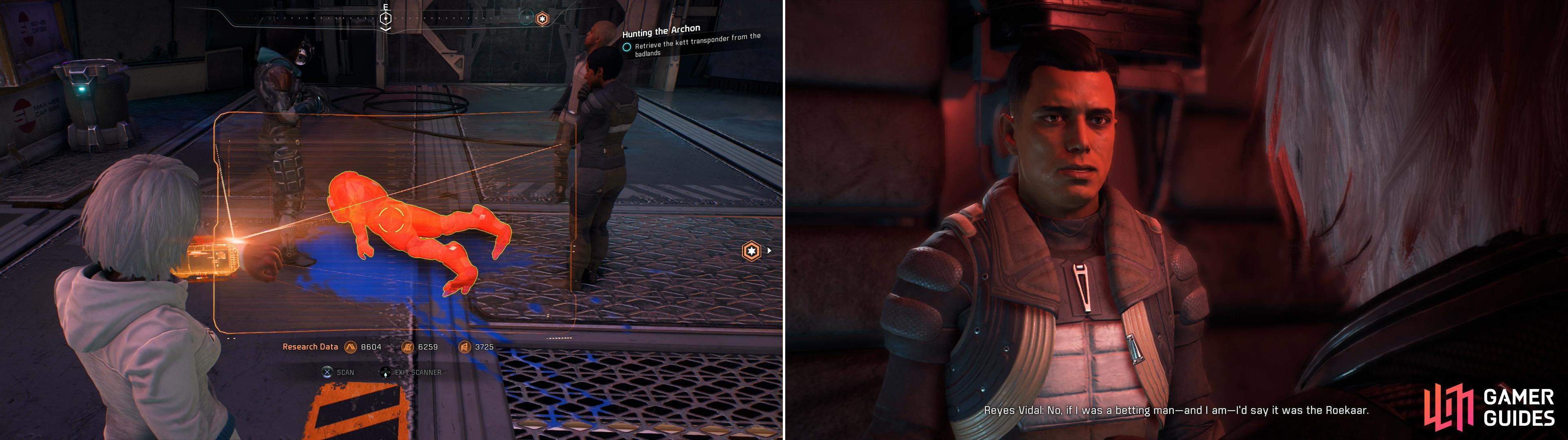 Scan the murdered Angaran in Kadara’s marketplace (left) then visit Reyes Vidal in Tartarus to hear his suspicions (right).