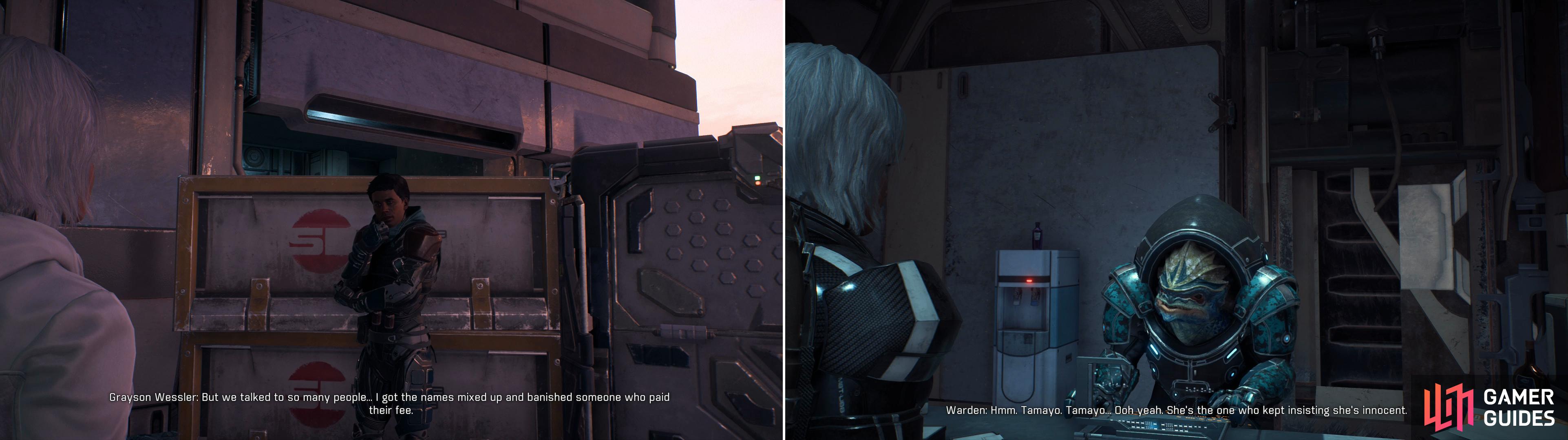 Grayson Wessler will tell you about his dangerous incompetence (left), while the Warden will give you a location… and a reason not to take your time! (right)