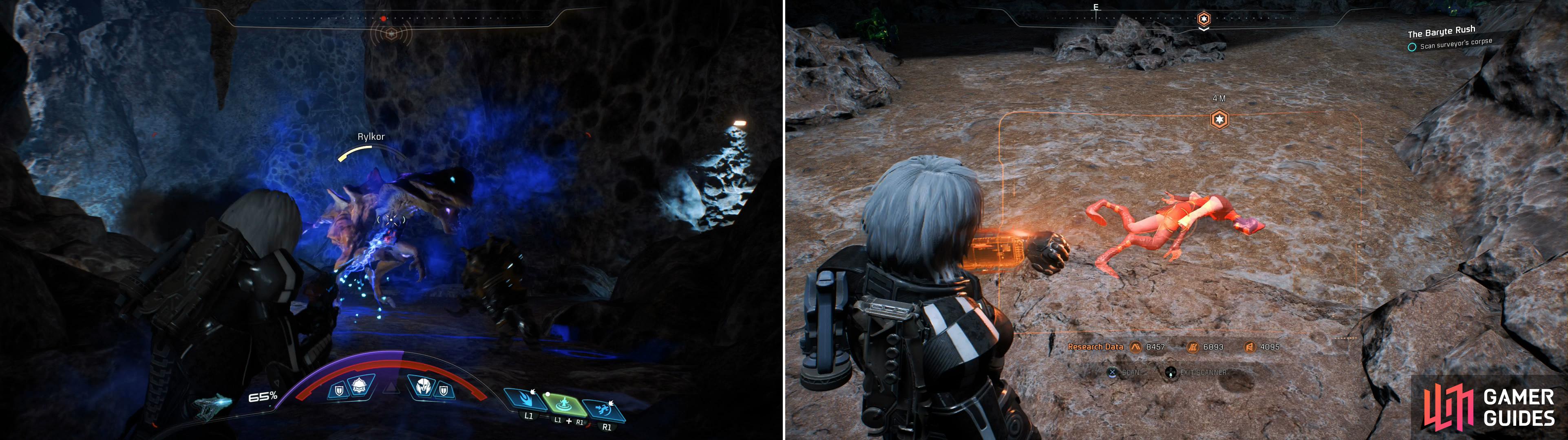 The cave is full of nasty beasties (left), but press on and you’ll find out what happened to Derc’s surveyor (right).