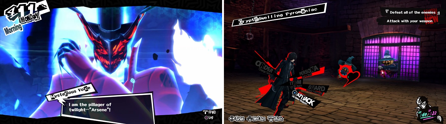 You awaken to your Persona, Arsene (left). You will be taught the basics of battling in your first fight (right).