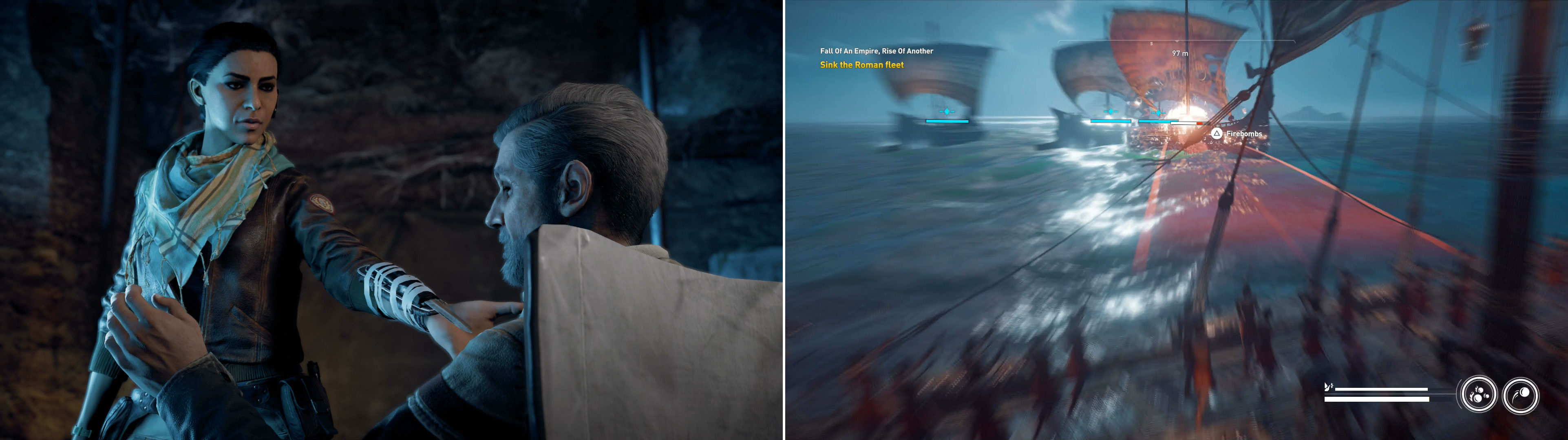 Endure another present-day section with Layla (left) after which you’ll find yourself in the game’s third main story naval battle (right).