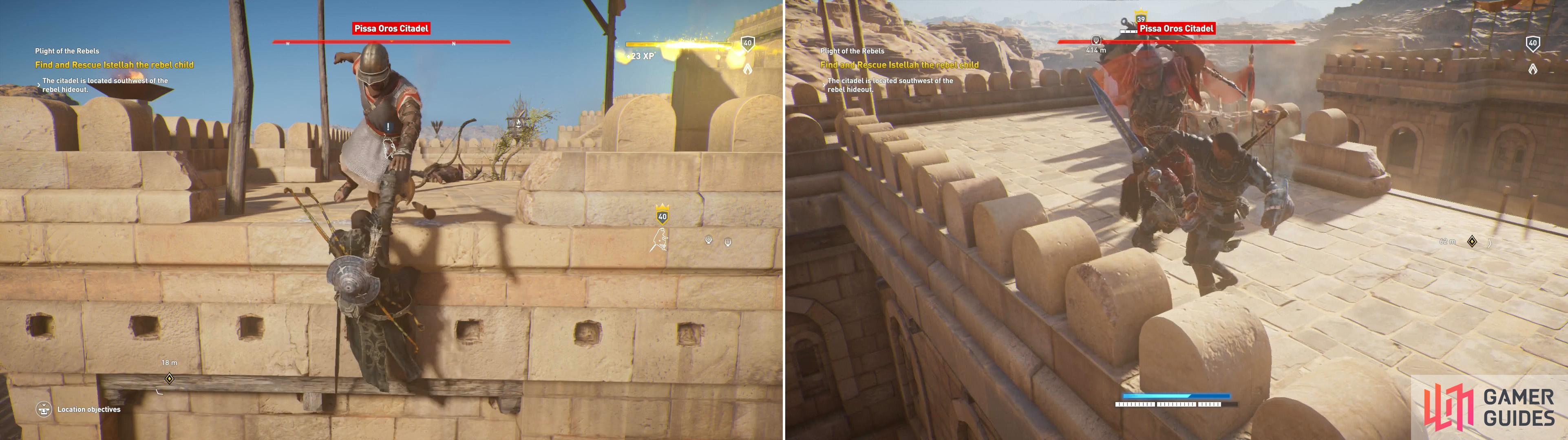 The massive walls of the Pissa Oros Citadel provide many opportunities for an assassin to cause mischief (left). Clear the citadel so you can face the super captain in a one-on-one battle (right).