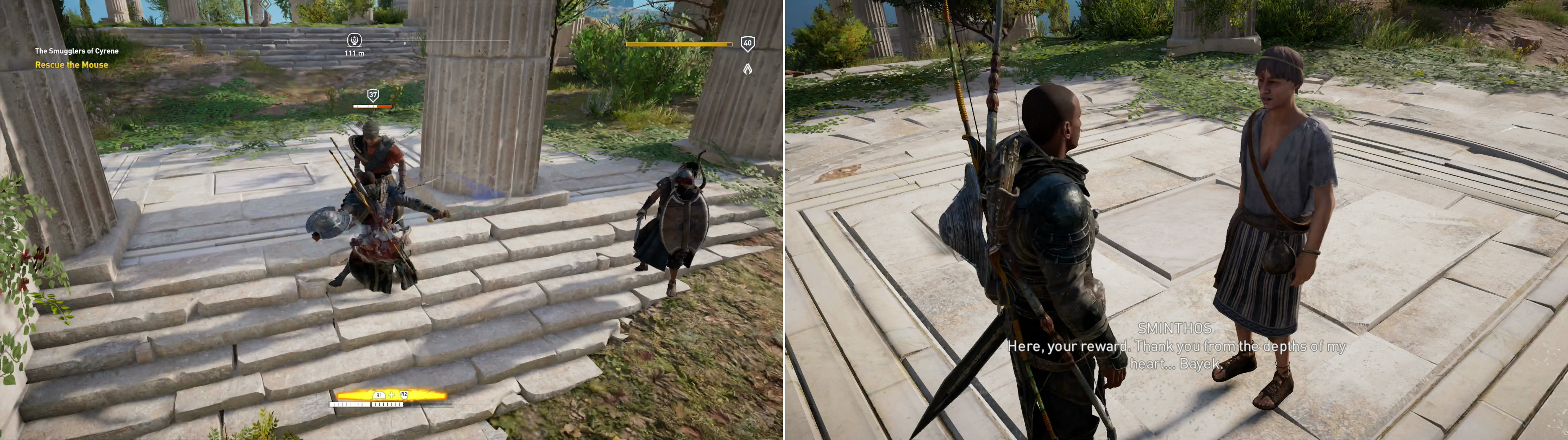 Kill the bandits harassing Sminthos (left), then give him the treasure he seeks (right).