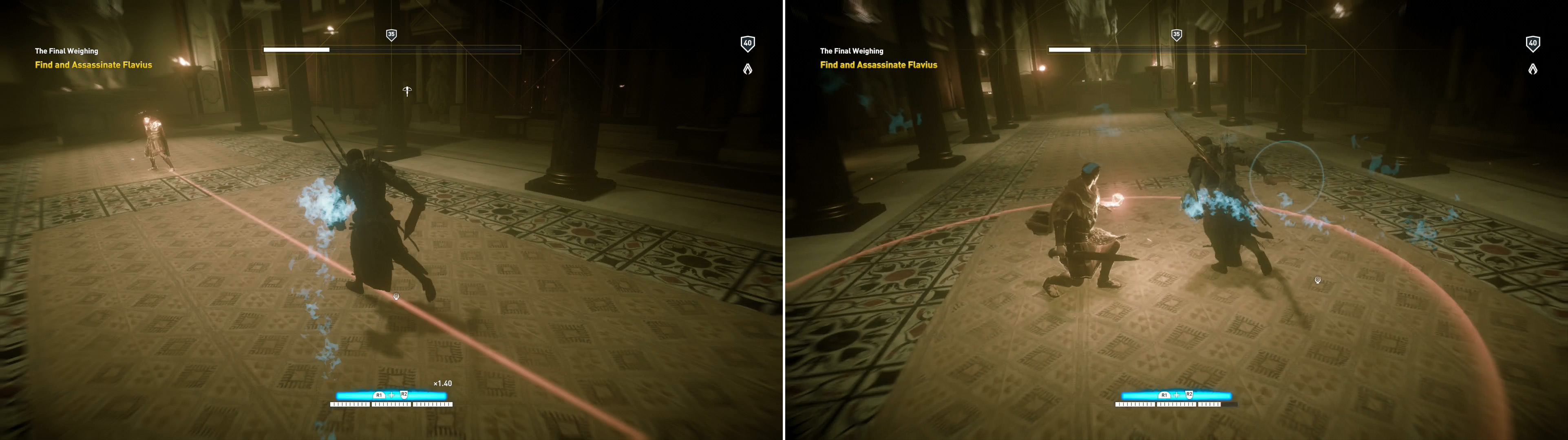 Flavius will use his orb to shoot a wave of force (left), and when his health is low, an area-of-effect burst (right).