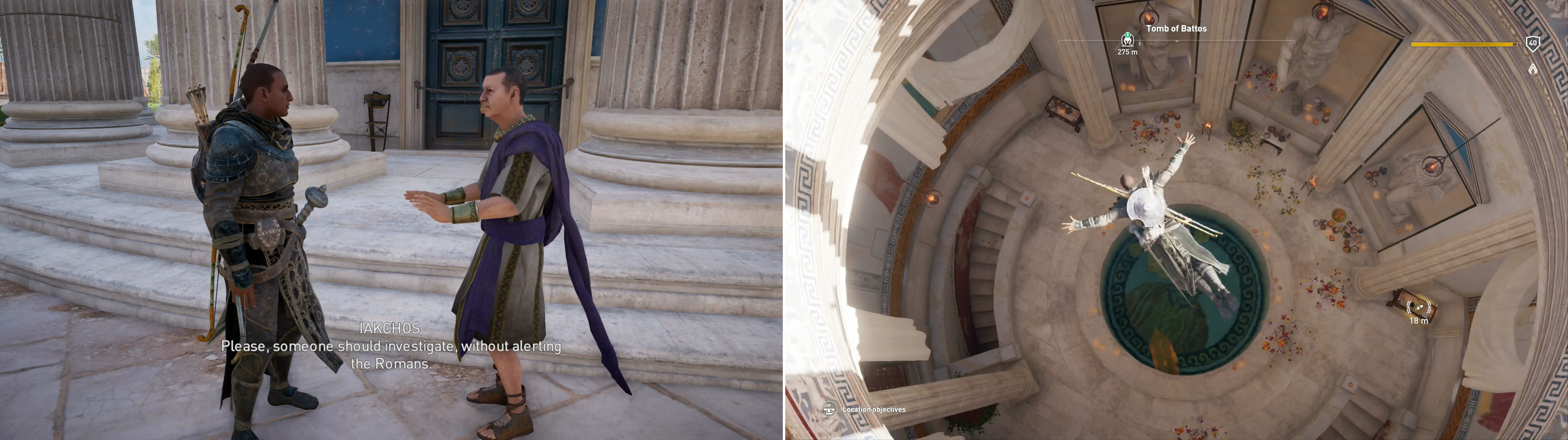 Iakchos will explain the unrest and slyly suggest somebody investigate the Tomb of Battos (left), which can currently only be done by diving through the roof (right).