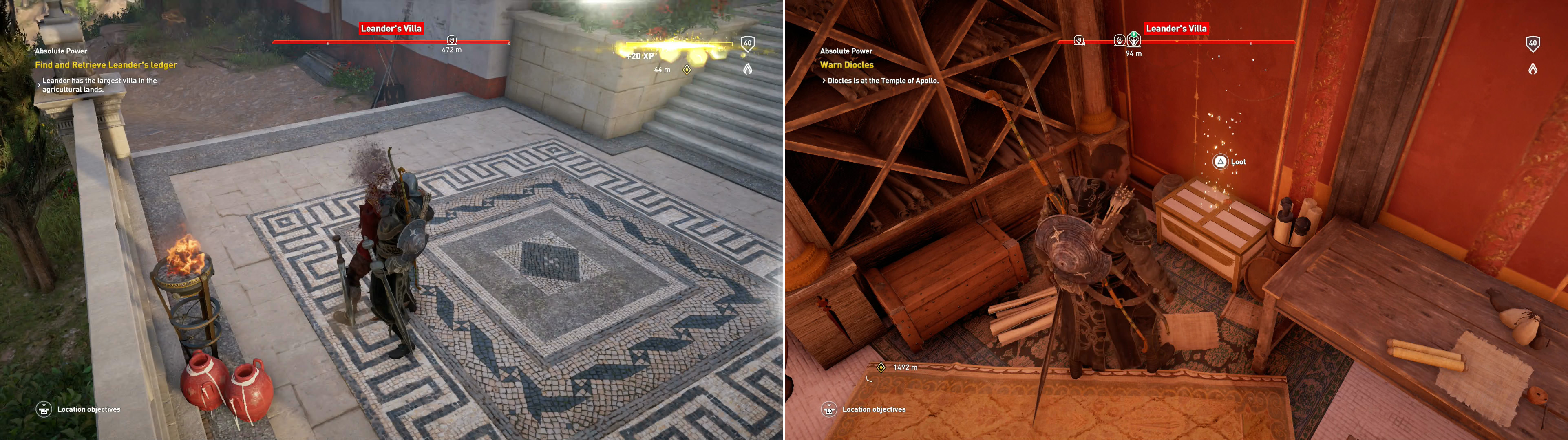 Kill the soldiers at Leander’s Villa (left), then search the estate to find the intel Simonides told you about (right).