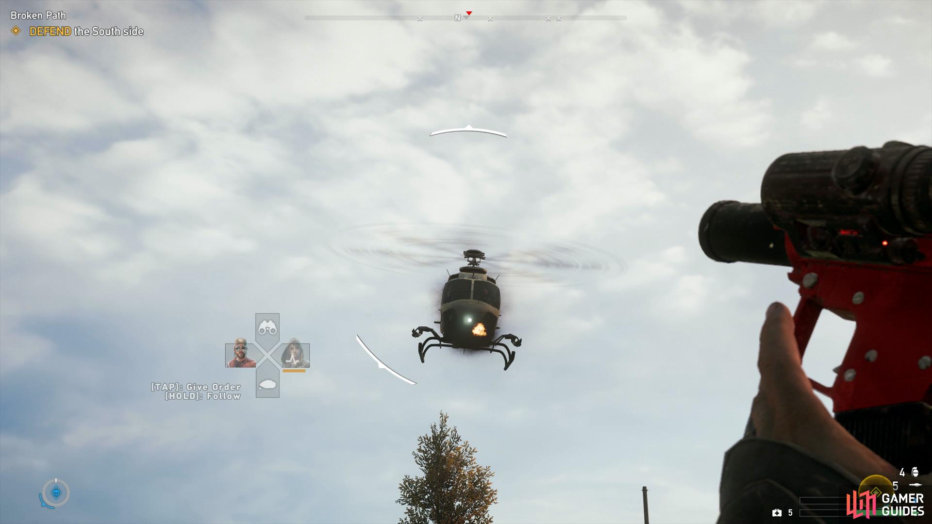 If you have trouble shooting the choppers down, use an RPG with tracking capabilities. 