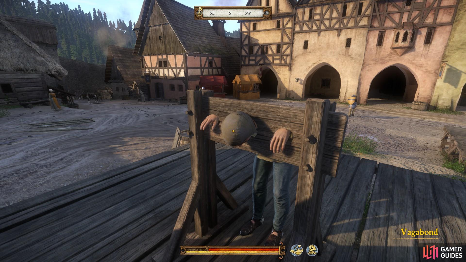 When you return to Rattay, you will find the Vagabond arrested in a pillory. You can speak to him, but he will not be able to reward you.