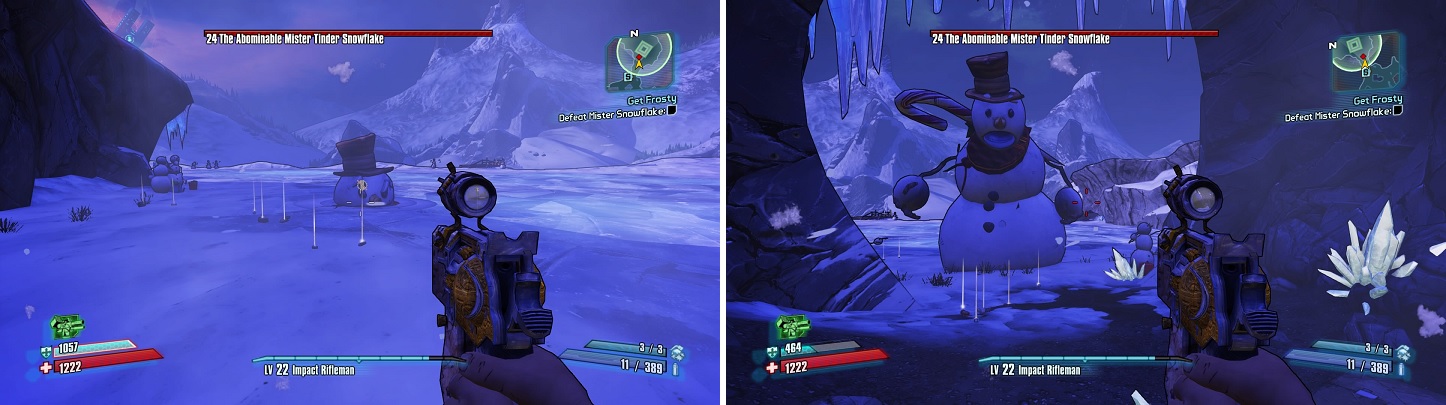 Snowflake is invincible when he’s underground (left). The cave where you dropped into the arena (right) makes for a nice, safe haven.