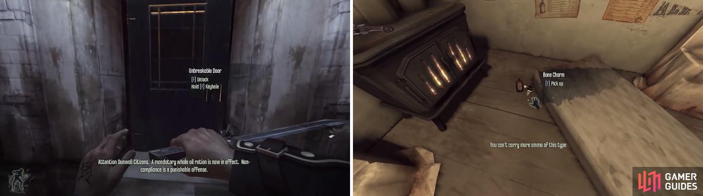 Finishing up Slackjaw’s first side mission will get you a key that unlocks this door (left). Inside this building will be a Bone Charm for you to pick up (right).