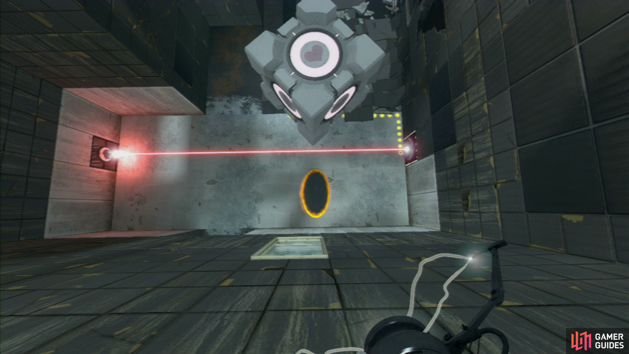 Look for what colour the portal is below you and change its location so it’s facing upwards. Pick up the Companion Cube and fall down towards the portal, you’ll fly out of the angled wall towards the red button.