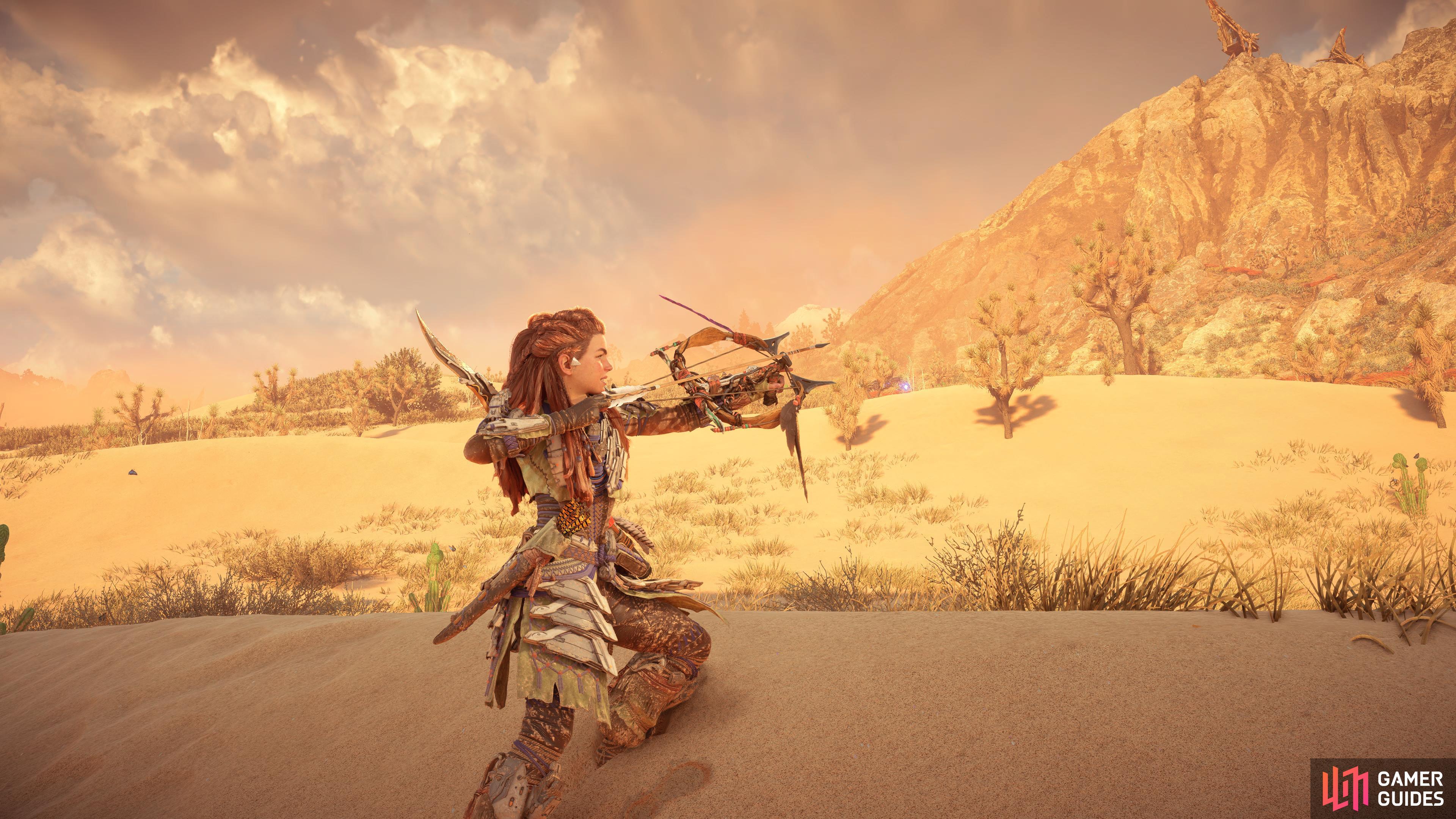 Aloy tests out her new Carja’s Bane.