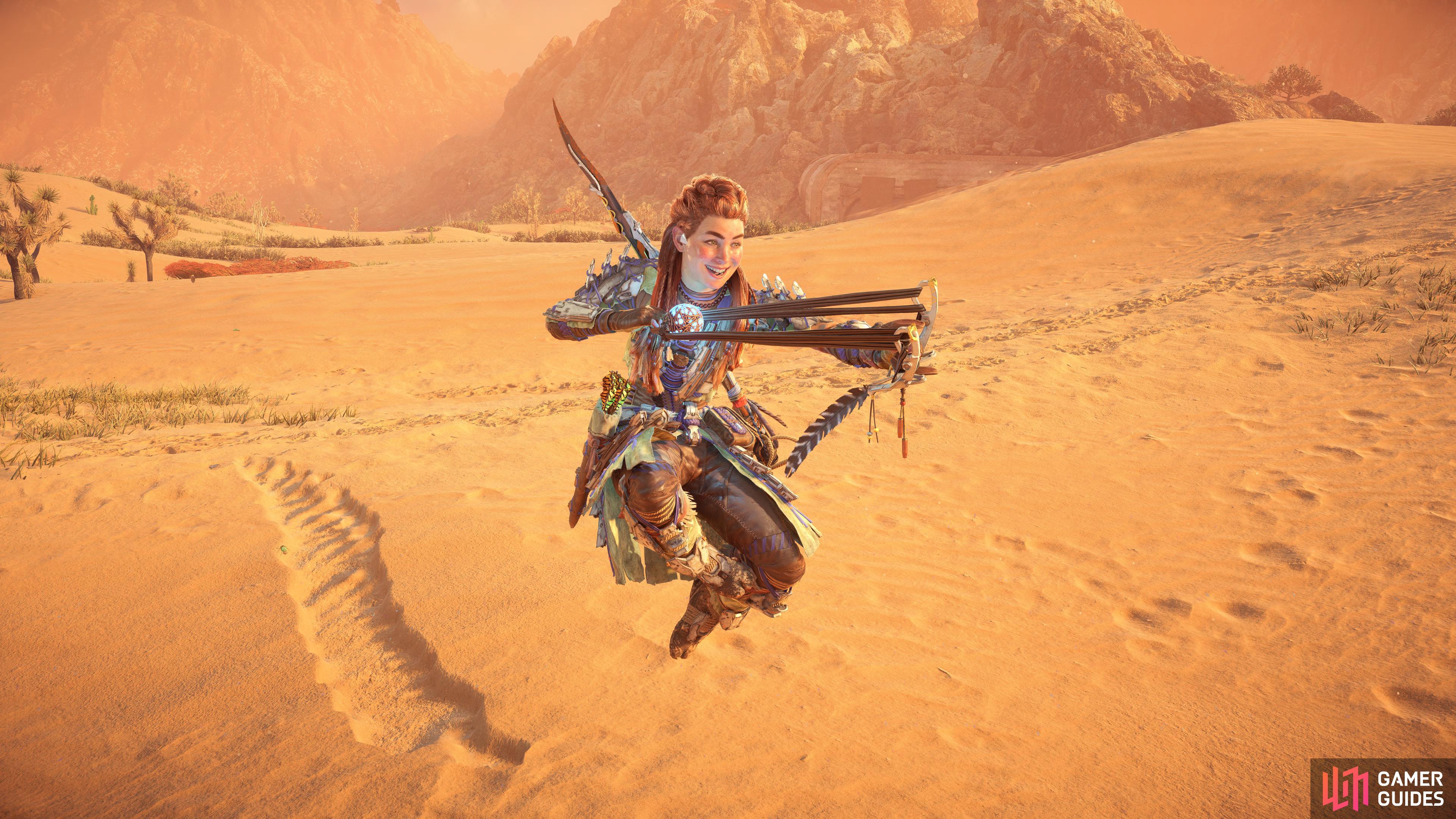 Aloy tests out her new Cloudburst Blastsling.