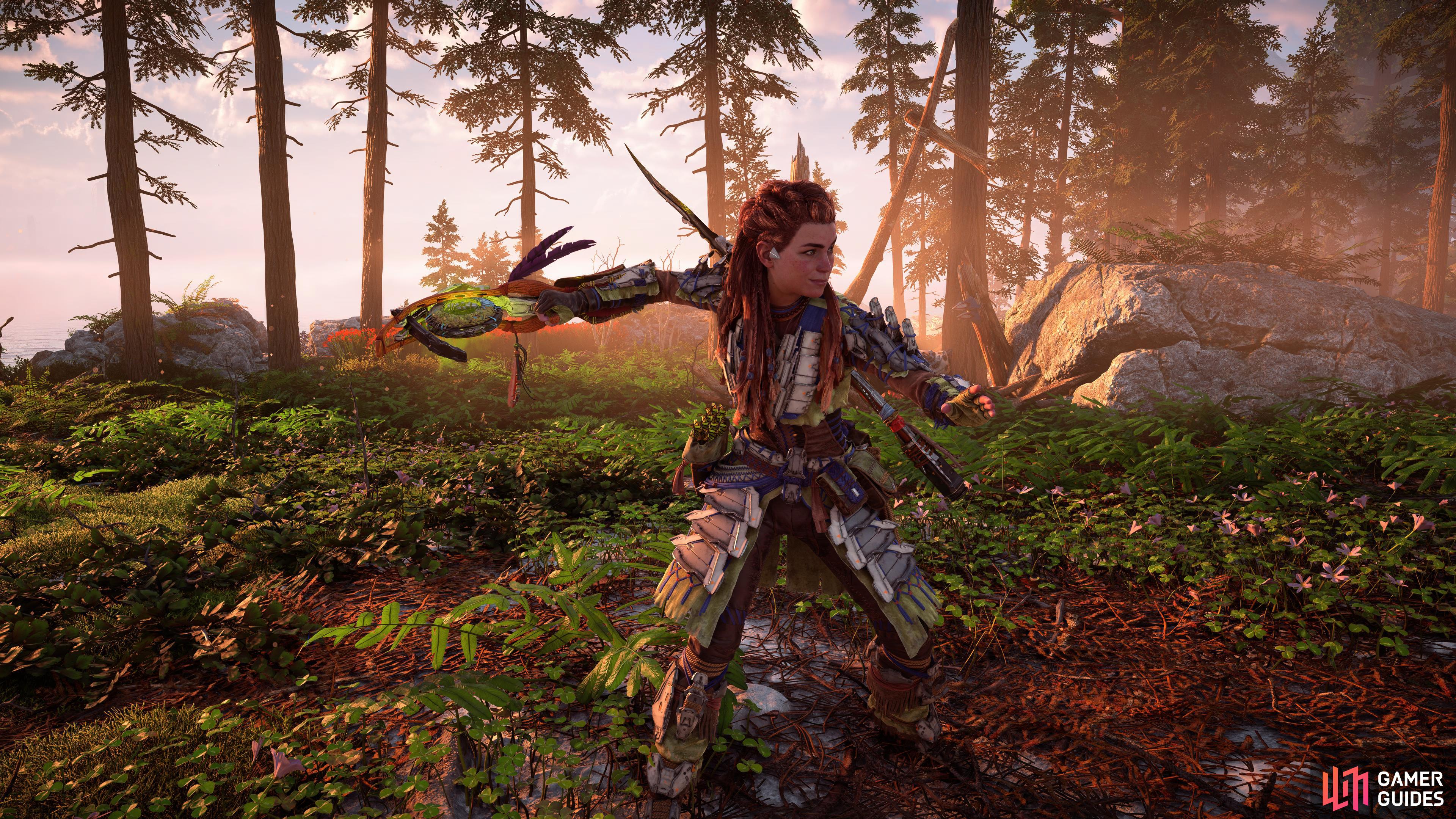 Aloy tests out her new Sunhawk Shredder Gauntlet . 