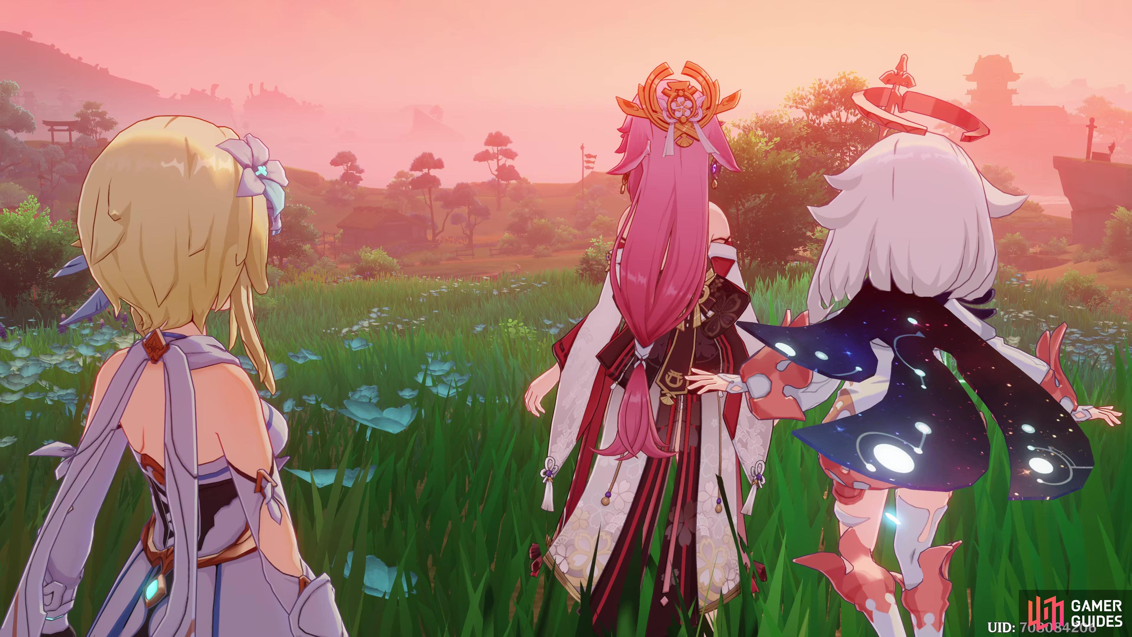 Lumine and Paimon listen to Yae Miko’s Past. 