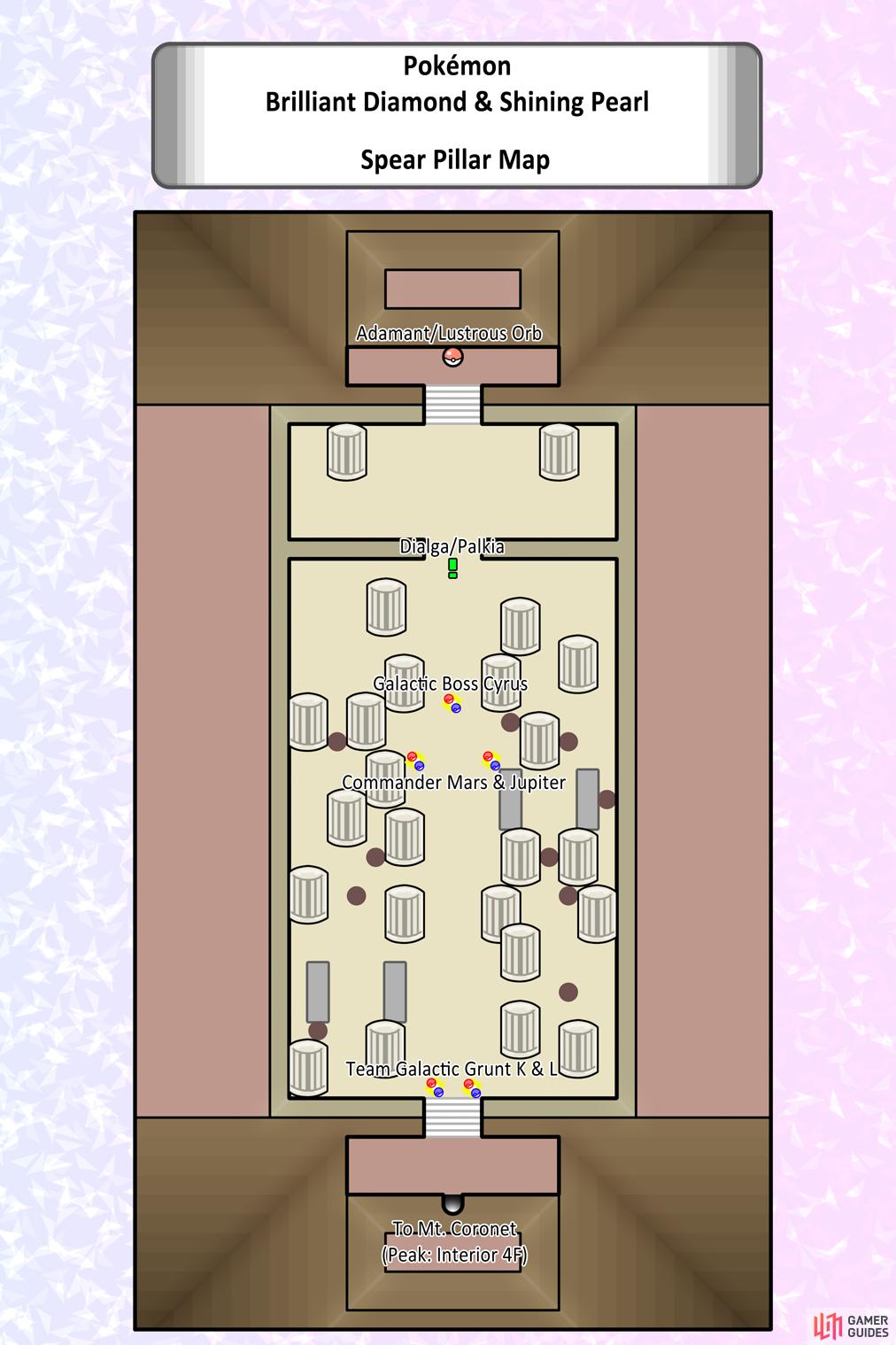 Map of the Spear Pillar. Note that the layout is mirrored in Shining Pearl.