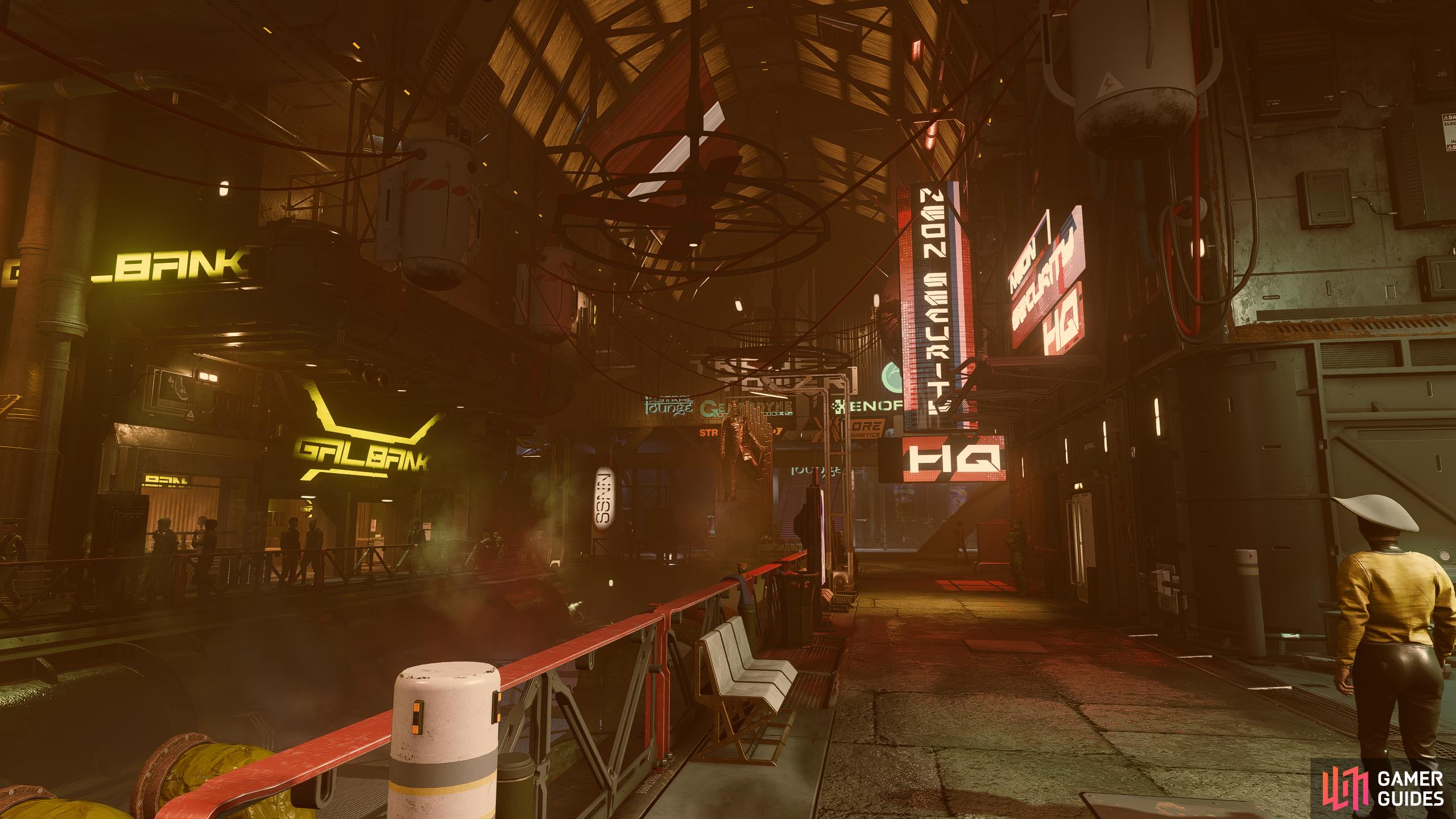 You can find Neon Security HQ next to the Enhance shop at the opposite end of the strip from Ryujin HQ.