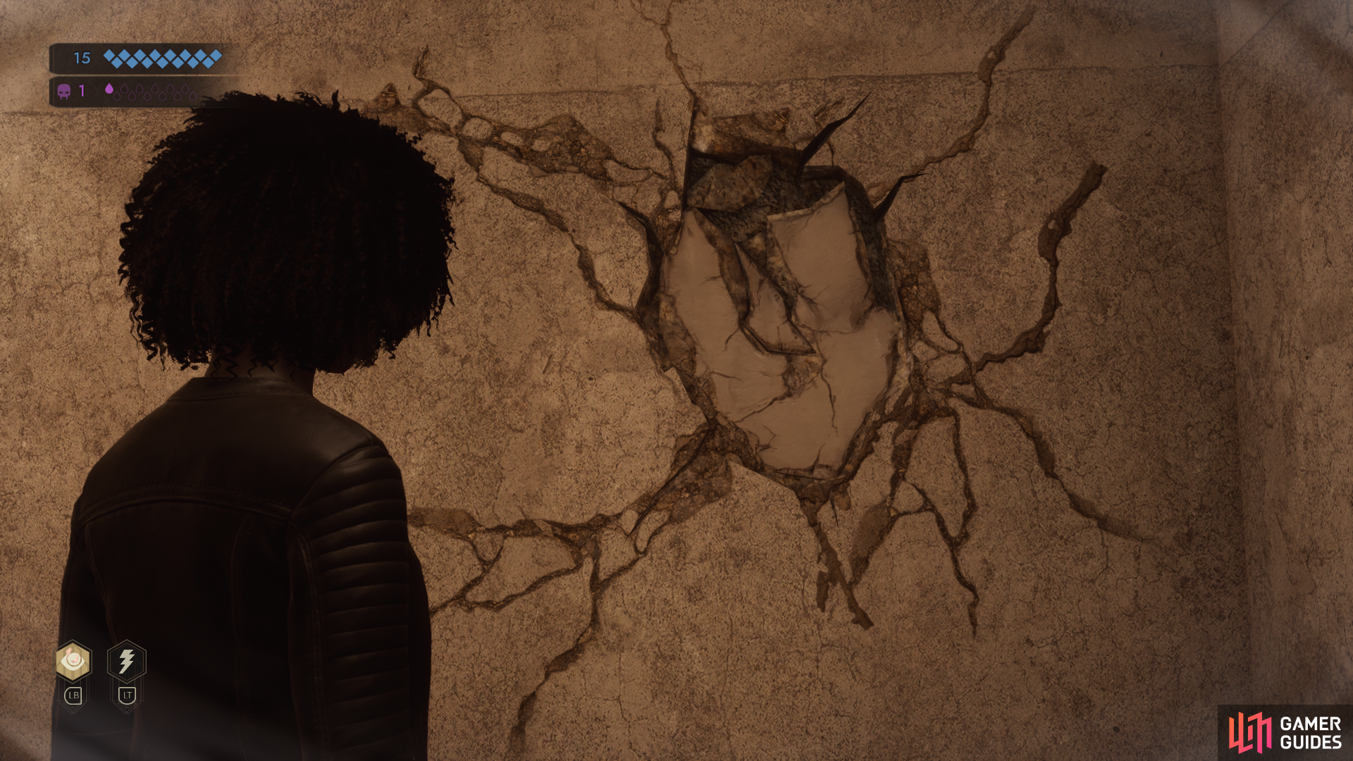 Examine a damaged wall to trigger a memory.