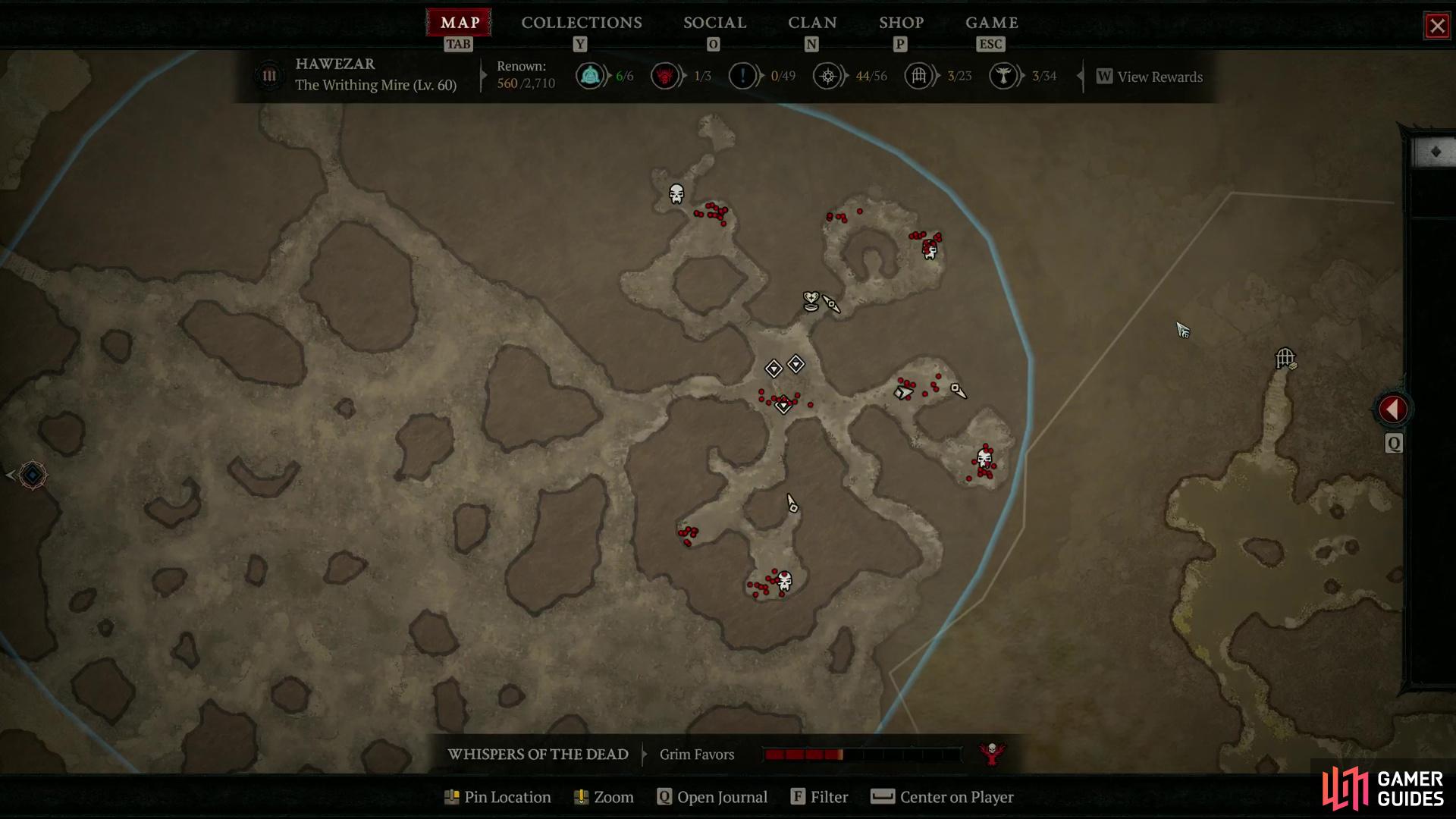 This is a map of the !Eriman’s Pyre Stronghold, showcasing all quarters you need to clear by getting Villager Remains and entering those areas by spending them on the Fiery Focus around the Pyre itself.