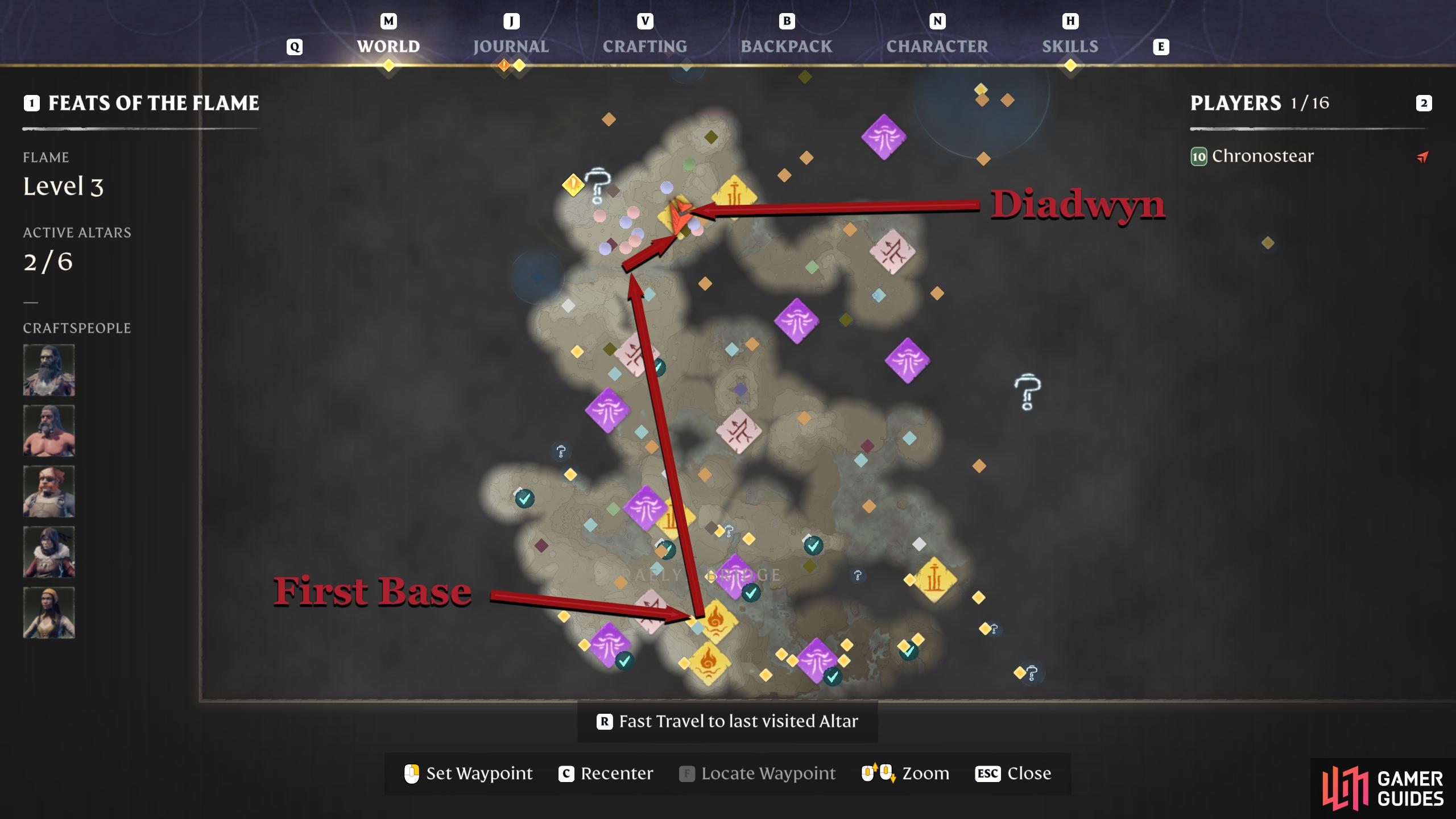 Head north from the first base location into Revelwood to find Diadwyn.