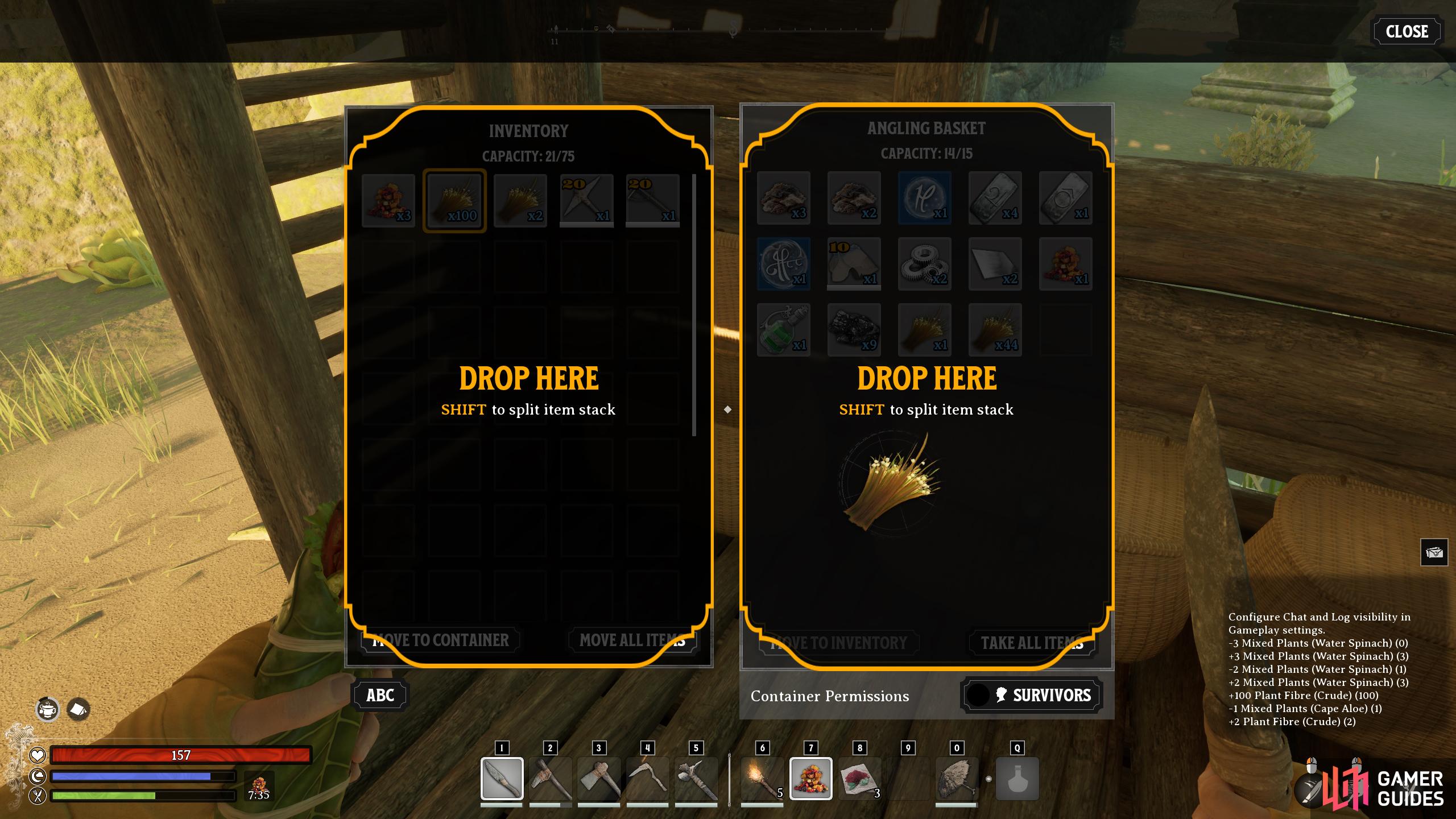 Hold Shift and drag the item into the storage or your companion’s inventory. This cannot be done in the field.