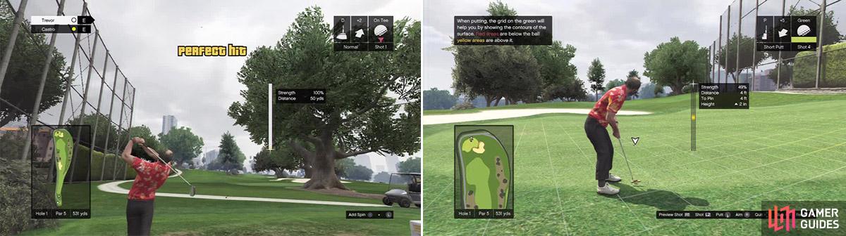 If you can stop the bar perfectly on the yellow, you can get a perfect hit and the ball will go as far as possible (left). The grid is not just there for show. Depending on the gradient, the grid will be coloured differently to help you decide how to hit the putt (right).