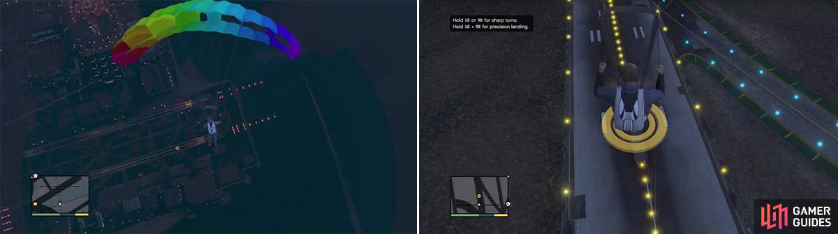 Circling above the truck is an option if you don’t fancy risking a botched landing (left). Match the truck’s speed by alternating between precision mode and normal mode. Pull back on the control stick to elevate you a little longer as well (right).