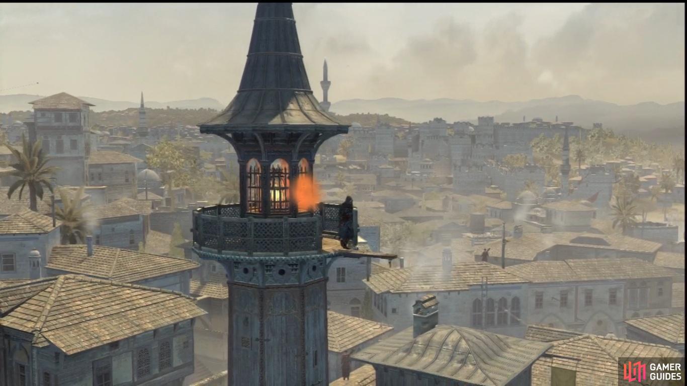 This example shows a Templar den, which, when ignited, will automatically synchronise and give you the same map vision that getting the viewpoint manually would.  You can see the little V shaped wooden platform that elsewhere in the game denotes where you can synch up and earn a viewpoint.