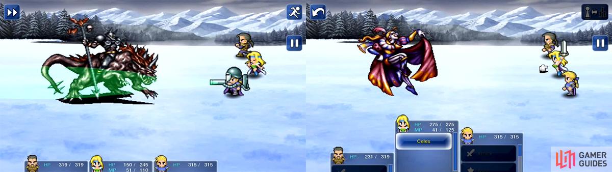 The enemy before Kefka is very powerful so finish the battle quickly. Edgar’s Bioblaster works very well as does Aura Cannon. Kefka himself is a total noob, Runic can prevent him from attacking all together.