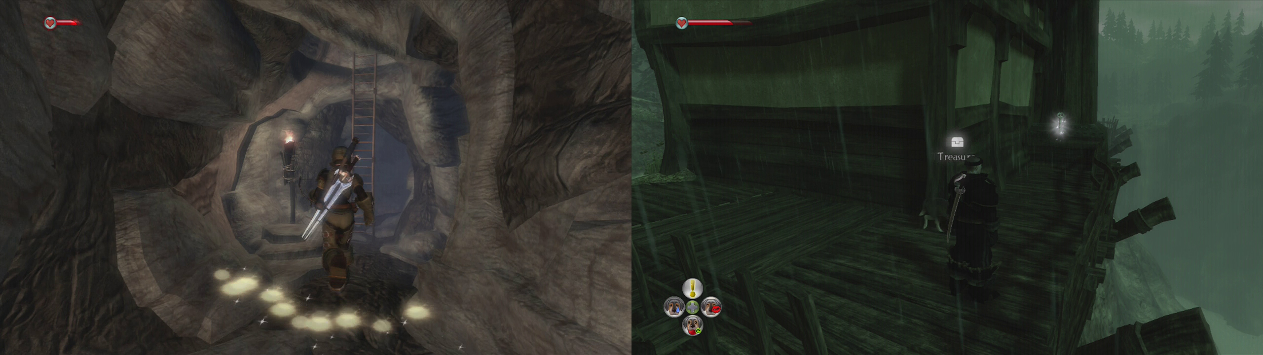 Climb the ladder to exit the hobbe cave (left) and then look behind the building you emerge from for a silver key (right).