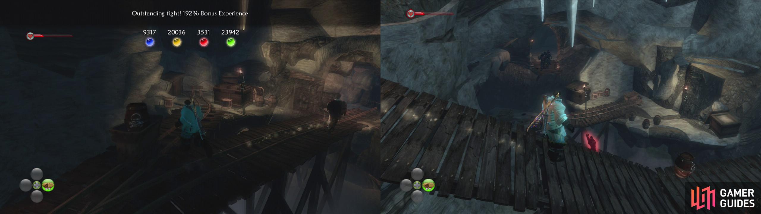 Look behind the crates for a chest (left). Cross the bridge, killing enemies as you go (right).