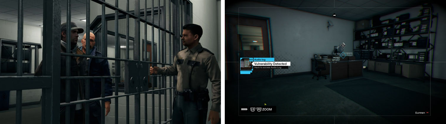 After breaking into prison (left), use the cameras to reach the top floor of the control room to get the Damien Brenks 08 audio log (right).