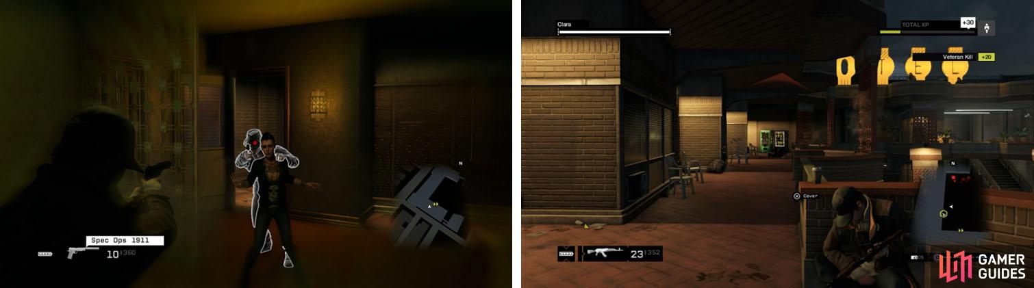 Save Claire from the Fixer (left) and the head out and take cover up front to draw enemy fire (right).