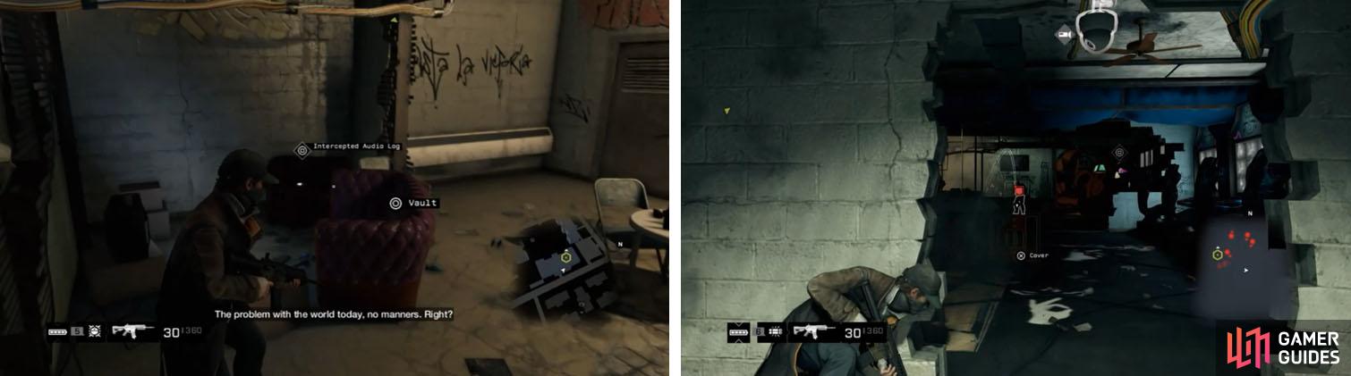 Grab the Iraq 07 audio log before you continue (left) and then take out the Enforcer with an IED from the damaged wall (right).