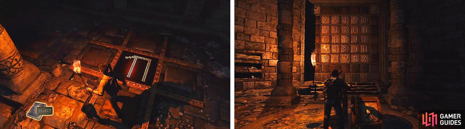 Use the illuminations (left) to figure out the emblem’s location on the grid (right).