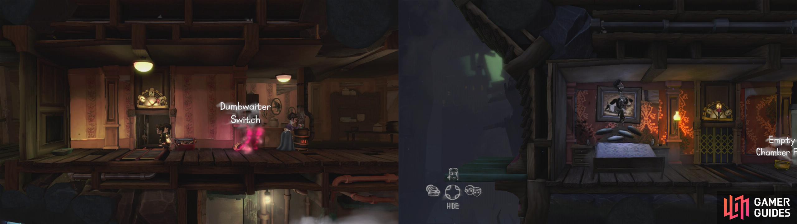 Use the Twins’ special ability to go up the lift (left). Jump on the bed for an achievement/trophy and then grab the Chamber Pot (right).