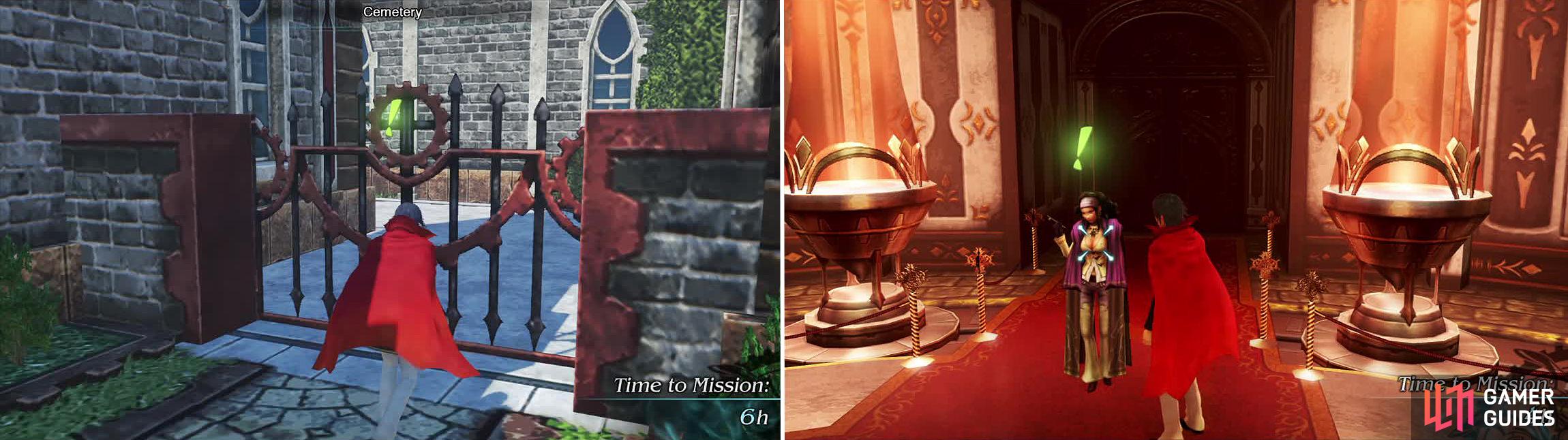 Switch to Machina for the events here in the cemetary (left) and on the terrace. You can find Dr Arecia in the Sorcery room (right).