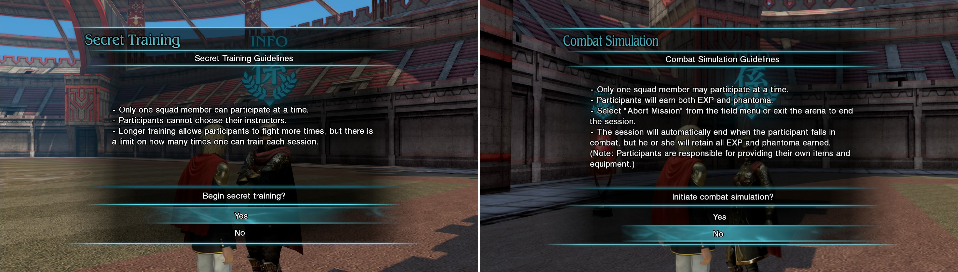 The Arena is very useful for training your squad when you aren’t playing via Secret Training (left) or for farming Phantoma and testing skills in Combat Simulation (right).