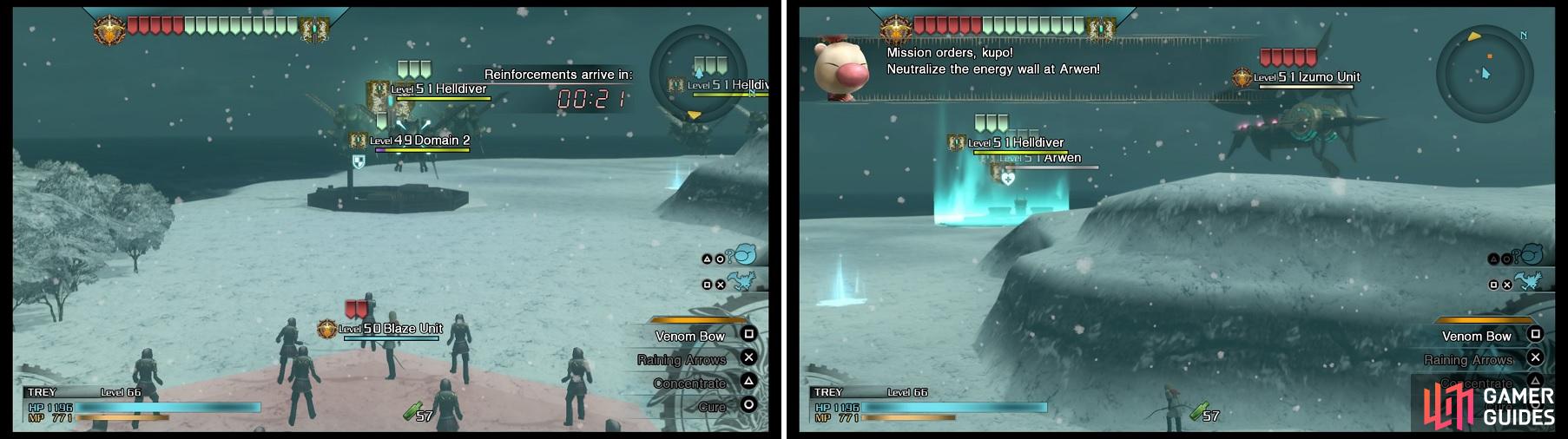 Arwen will be sending out elite units called Helldivers (left), which can put a hurting on your strongholds. Protecting Morina until the timer is gone will send out an elite unit of your own, the Izumo Unit (right).