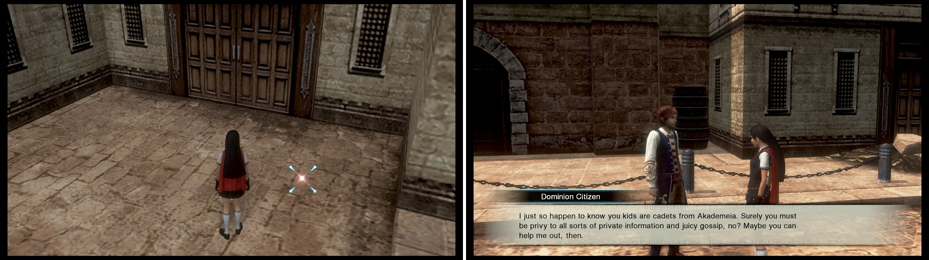 A few towns will have a l’Cie Crystal on the ground (left). Most, however, will require you to do a short sidequest in the town, with the Crystal as a reward (right).