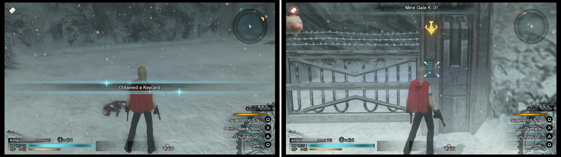 Make sure you pick up the Keycard (left) on the body of the dead soldier, as it will be used multiple times throughout the mission to open gates (right).